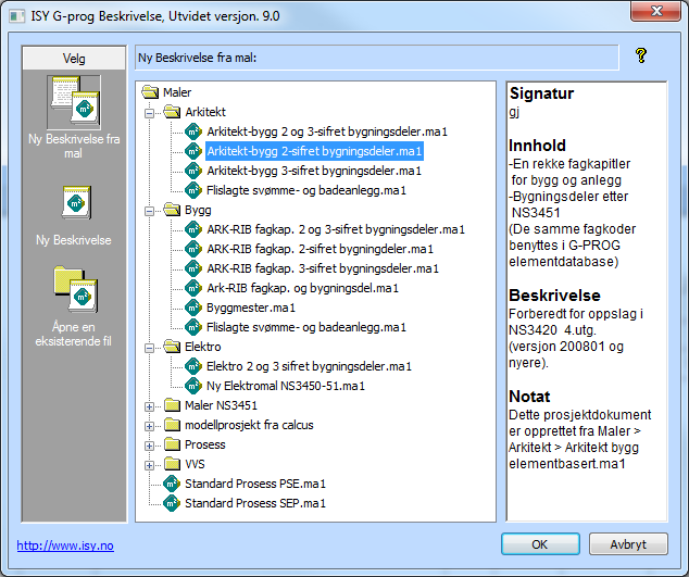 Malene er gruppert for Arkitekt, Bygg, Elektro osv. og inneholder kontoplan med fagkapitler og bygningsdeler iht. NS3451. Disse malene følger med programvaren.