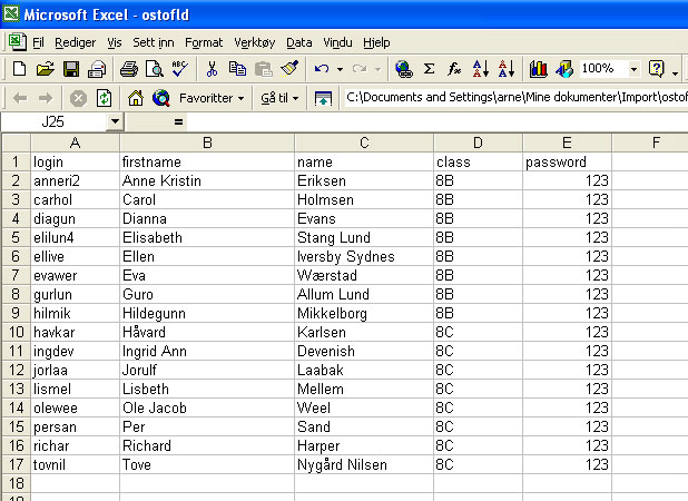 4.1.2 Importere mange brukere samtidig 1. Gjør klar en csv-fil med brukerdata. A. login Norsk tegnsetting tillatt. Kunnskap.no skiller mellom små og store bokstaver.