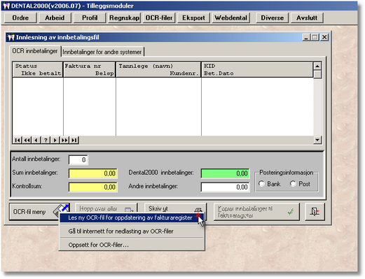 28 DENTAL2000 - Dokumentasjon Innbetalinger i mottatt OCR-fil blir lest inn i tabellen vist på bildet ovenfor.