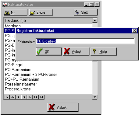 50 DENTAL2000 - Dokumentasjon Fakturatekster Her kan du registrere fakturatekster du bruker ofte, slik at du kan slå opp på disse senere.