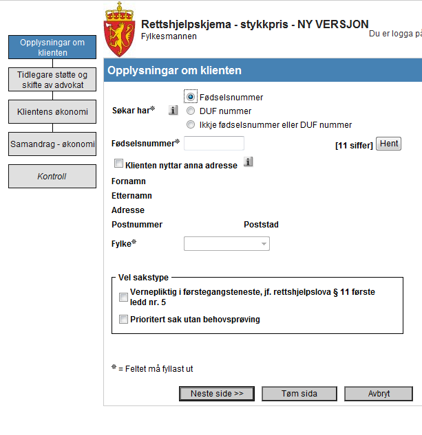 Du ser her oversikt over kven du rapporterar for, og kva skjemaet skal sendast inn som. Anten stykkpris eller søknad.