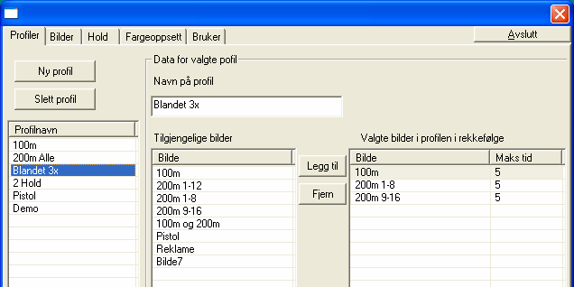 5.4.3.5 Administrasjon av profiler Ønskede profiler opprettes i denne flippen. Bilder legges til eller tas vekk fra profilene. Det kan også legges inn ønsket visningstid for hvert bilde i profilen. 5.