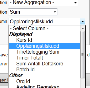 For å få summering i bunn av felt (kolonner) klikker du igjen på «Actions». Du velger «Format» og så klikker du på «Aggregate». Dette bildet kommer fram. Ved «Function» velger du «Sum».