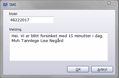 12 Opus Dental 7.0 Her setter du en hake på de SMS-påminnelsene du ønsker å sende for denne timen. Klkk på OK og SMS sendes eller settes på vent.