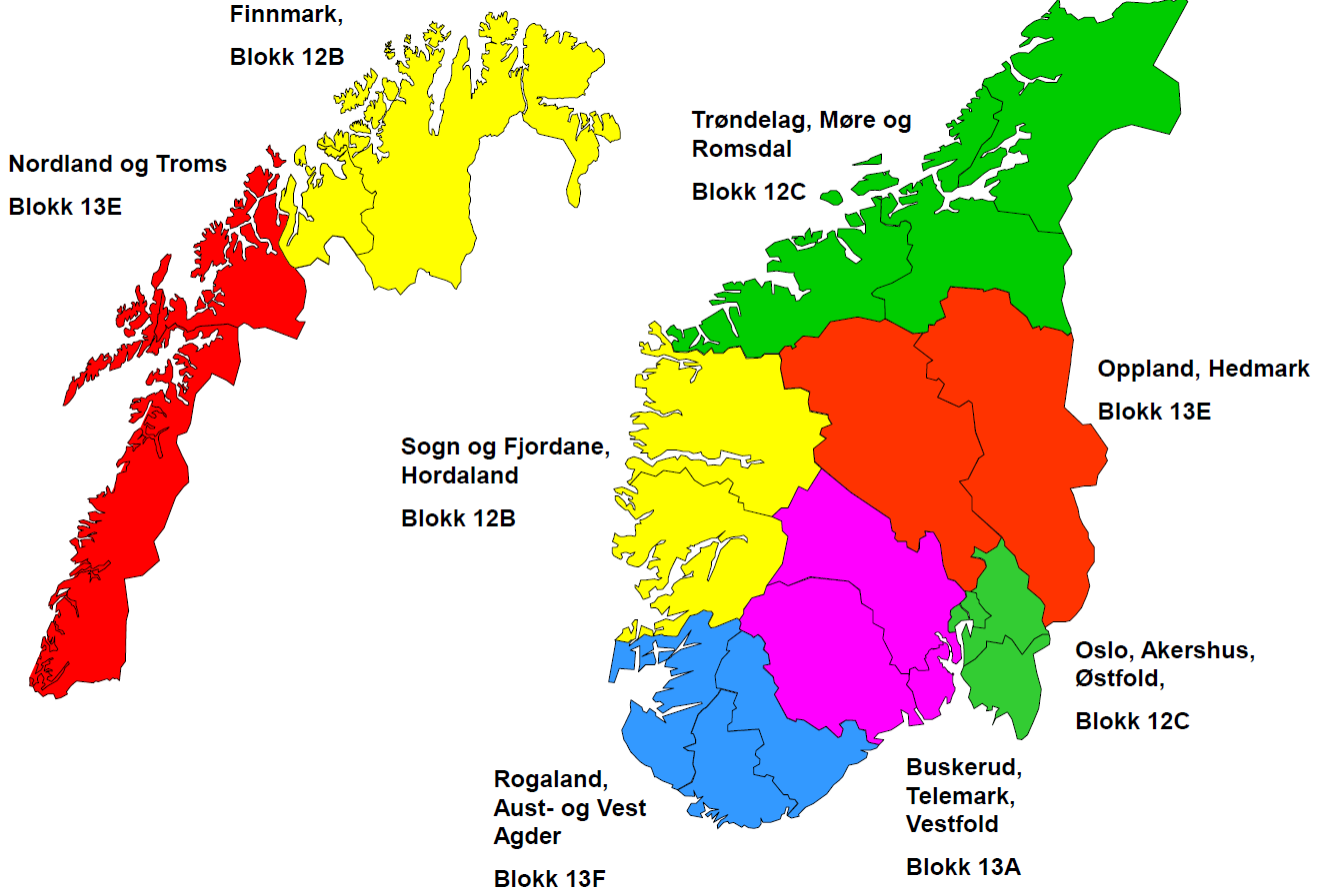 3 Dekningsberegninger for NRKs DAB-nett Regionblokka 3.1 Regionblokka Regionblokka er tildelt NRK og delt opp i 8 regioner eller allotment.