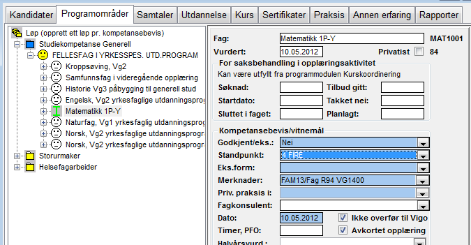 REGISTRERING SAMTALER REALKOMP.VURDERING OPPLÆRING DOKUMENTASJON RYDDING VEDL. Registrering av fellesfag, yrkesfag Marker Programområde FELLESFAG I YRKESSPES.UTD.PROGRAM, trykk på knappen Velg fag.