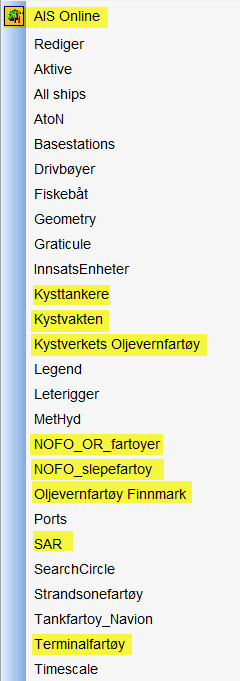 Kartfunksjoner - AIS AIS aktiveres ved å markere AIS online.