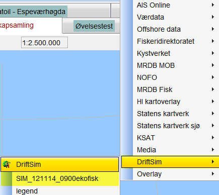 Kartfunksjoner Oljedrift Når all input er lagt inn i «Kilden» kan oljedriftssimuleringen lastes opp i NORA. En velger da «Oljedriftssimulering» og «oppdater driftssimuleringslag».