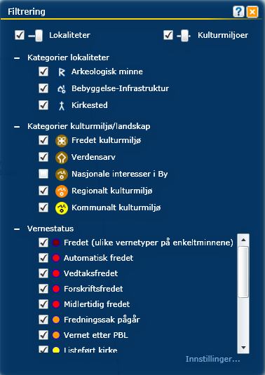4.4.1 Filtrering og Kartlag Filtrering gir deg muligheten til å velge hvilke kategorier lokaliteter og kulturmiljø/landskap som skal vises i kartet.