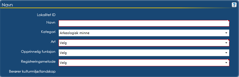 9.1 Arkeologisk minne (Alternativt til denne gjennomgangen kan du klikke på spørsmålstegnikonet som finnes øverst til høyre i de fleste felt for å få informasjon og veiledning om hva som skal fylles