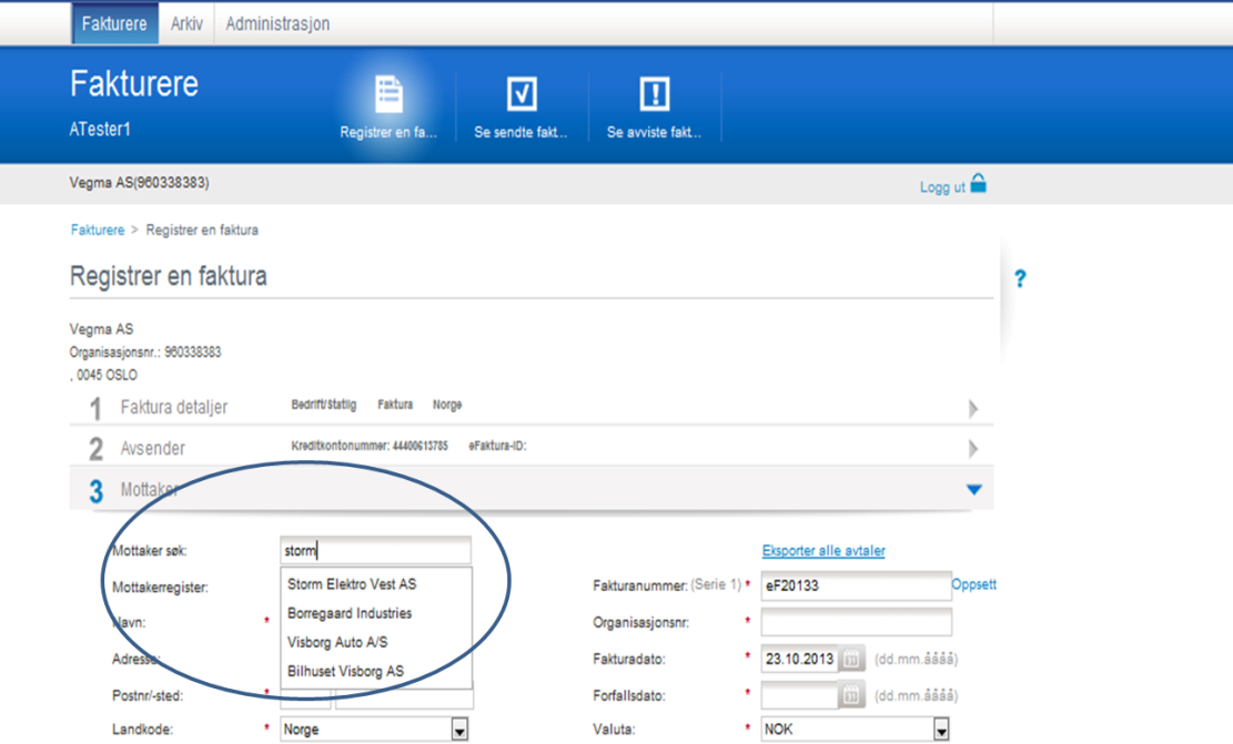 For å finne andre mottakere i efaktura B2B tjenesten kan man søke i feltet «Mottaker søk».