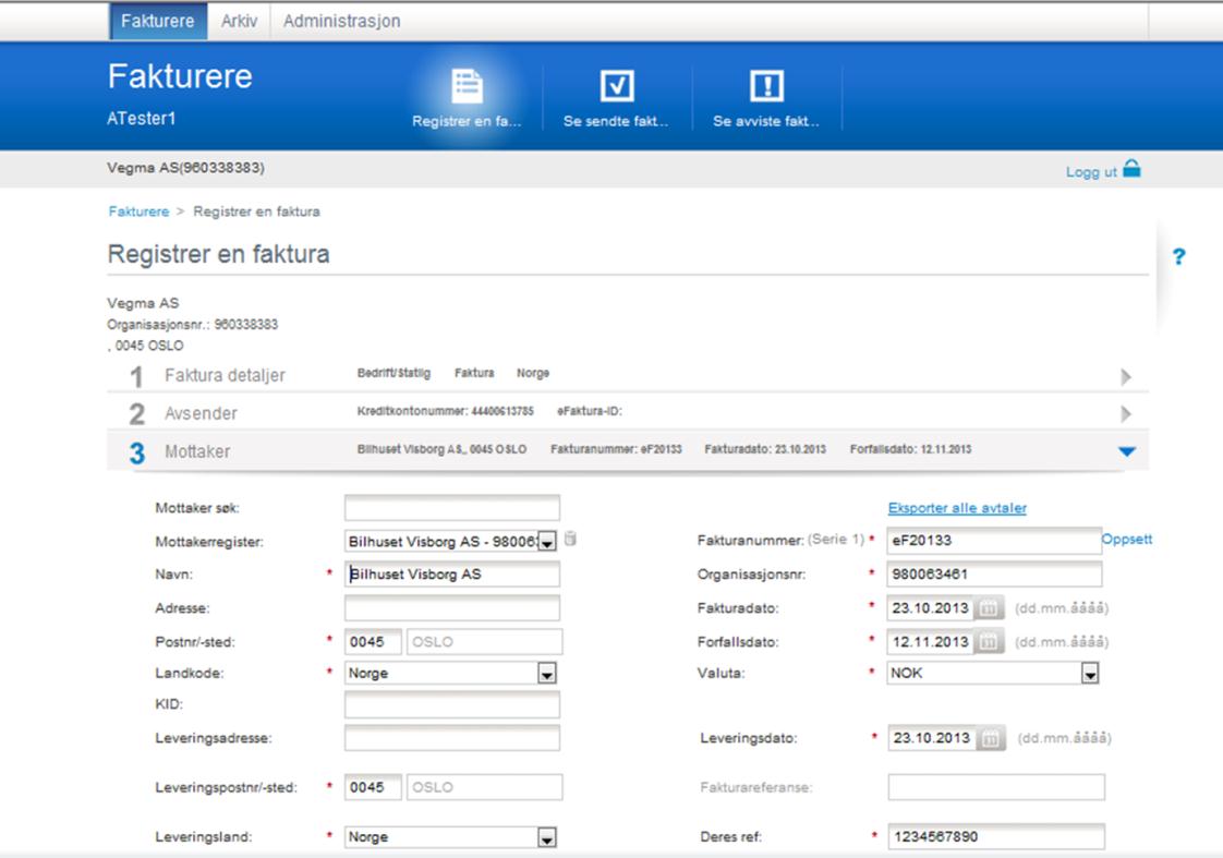 8.5.2 Registrer en faktura Registrering av faktura skjer stegvis. Klikk på steg 1 «Fakturadetaljer» og velg hvilken mottakertype og fakturatype fakturaen skal sendes til.