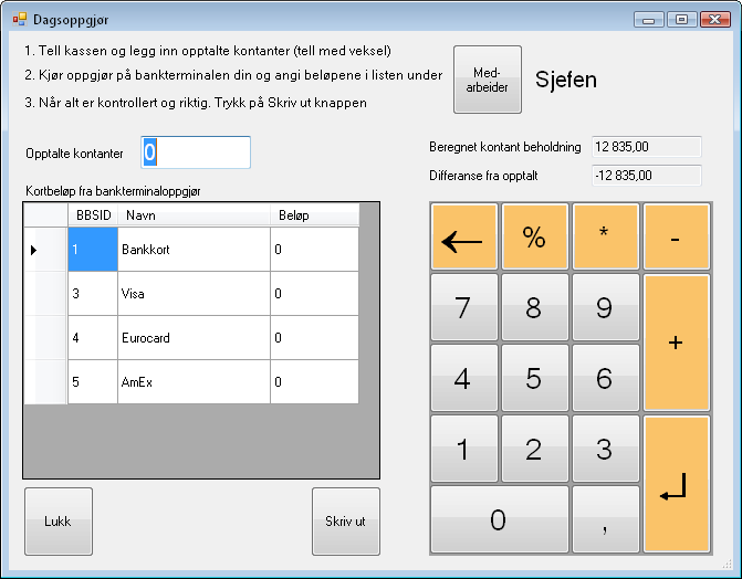 Hvordan tar jeg dagsoppgjør? Oppgjør uten integrert bankterminal. I dagsoppgjørvinduet følger du instruksjonene. 1. Tell pengene i kassen og legg inn resultatet i feltet merket «Opptalte kontanter».