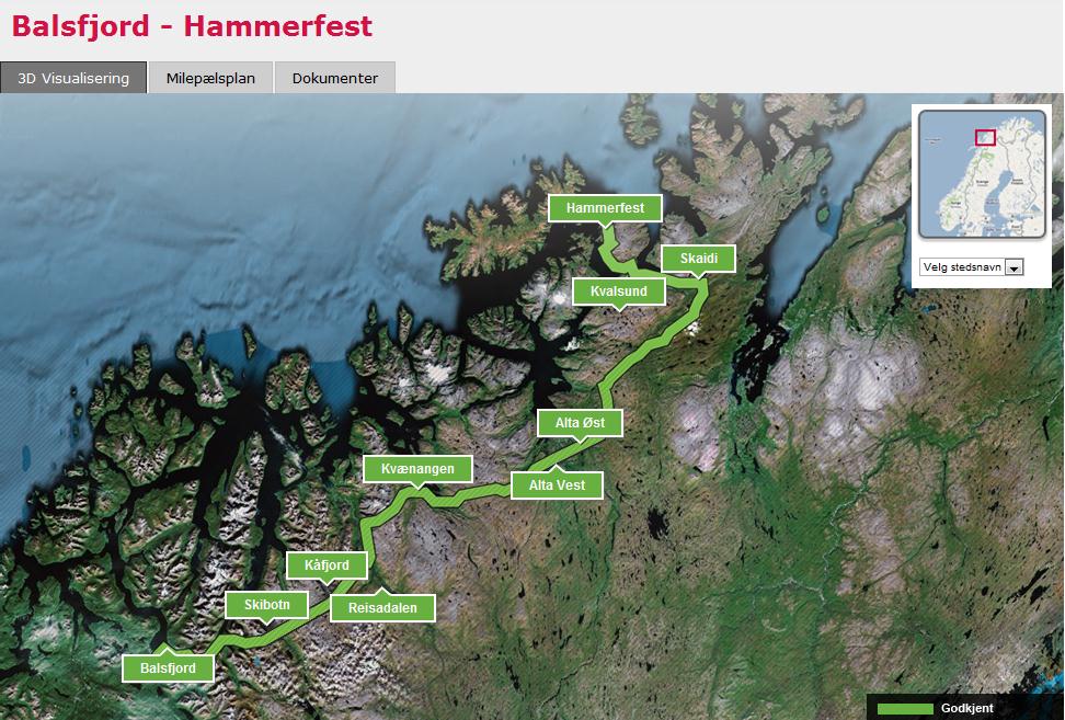 Ny 420 kv ledning Balsfjord-Hammerfest - prosjektomfang Trase: 360 km = 1120 master =