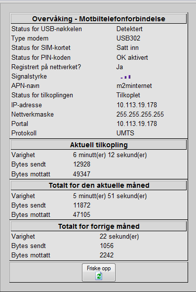 Dersom det etter 2 minutter fremdeles vises Status for tilkoplingen= Frakoplet: Kontroller at konfigurasjonen for mobiltelefonen er riktig. 12. Klikk på Frakopling på menyen til venstre. 13.