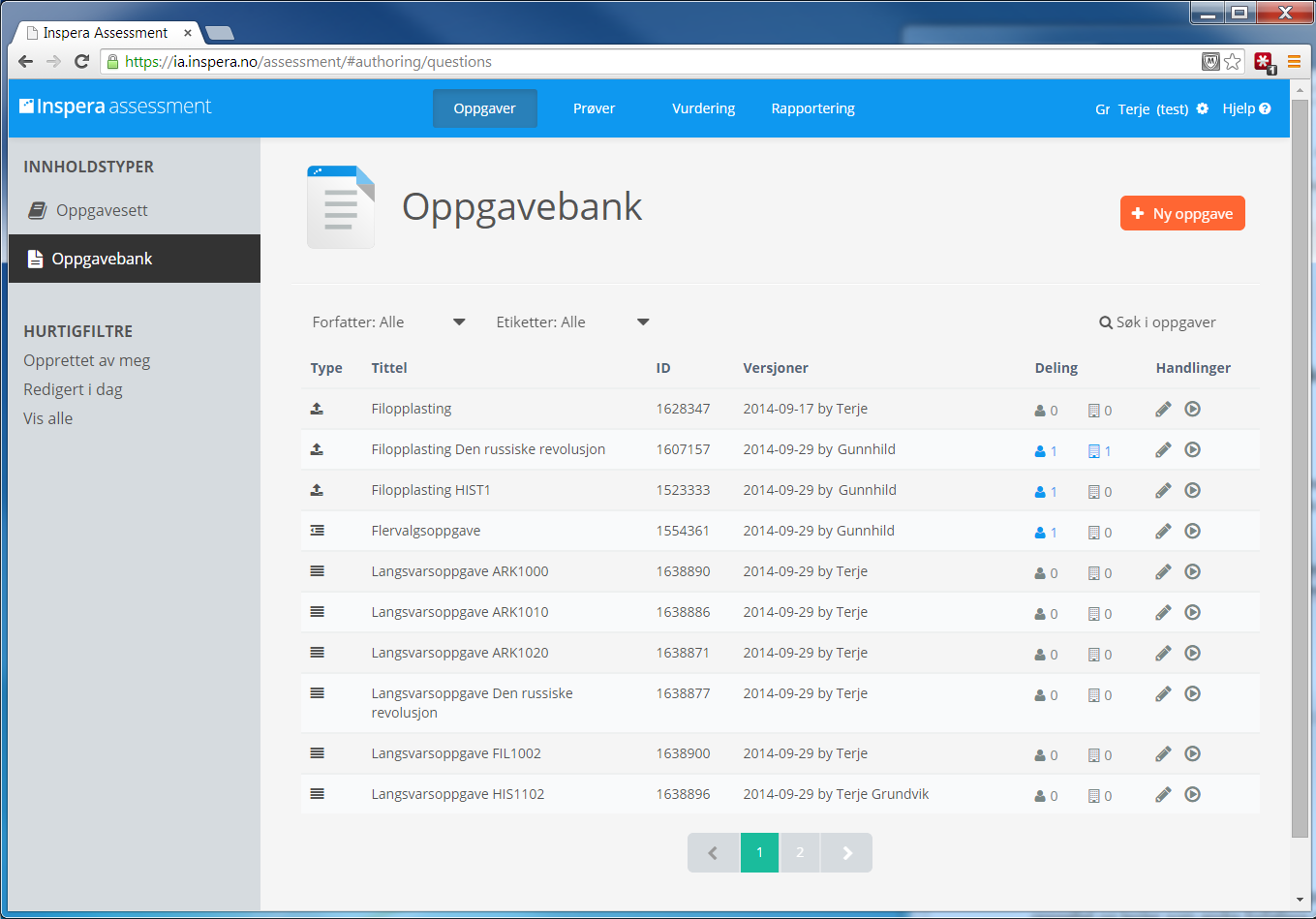 Forfatterverktøy Som forfatter har du tilgang til verktøyene Oppgavesett og Oppgavebank.