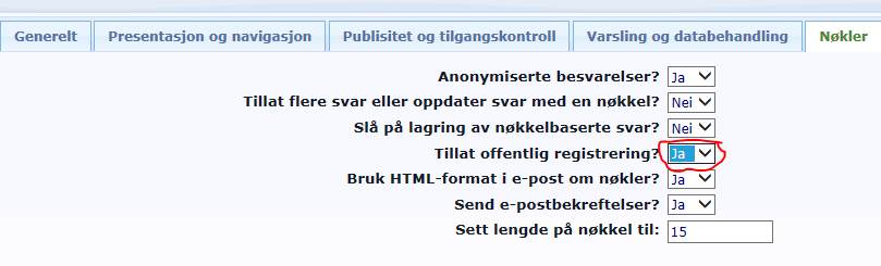 Startdato og utløpsdato for undersøkelsen Av innstillingene i bildet Endre innstillingene i undersøkelsen er Publisitet og tilgangskontroll en av de vesentlige.