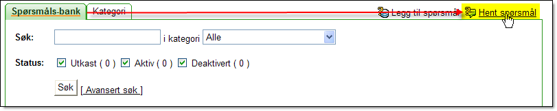 Det er imidlertid to ekstra felter for innstillinger: Status: Dersom et spørsmål har status Utkast kan det ikke hentes inn i noen prøve. Det er først mulig dersom du velger Aktiv.