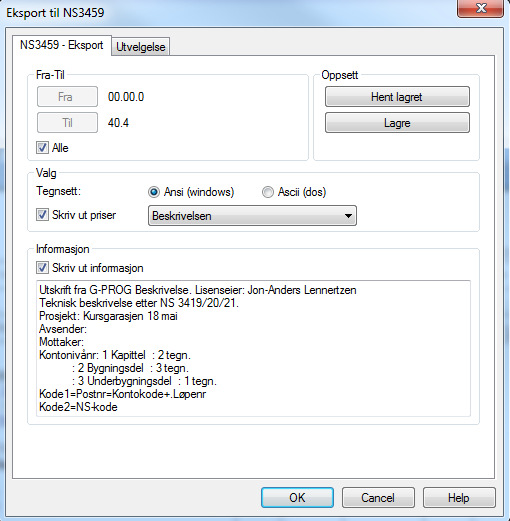 Nytt i versjon 9.0 er at du nå må velge om du vil eksportere til NS3459:2012 eller eldre utg. 3 NS3459:2009.