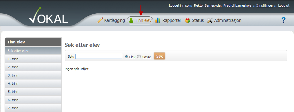 Lærer registrering og visning Finn elev Logg deg inn på https://www.vokal.no med ditt personlige brukernavn og passord.
