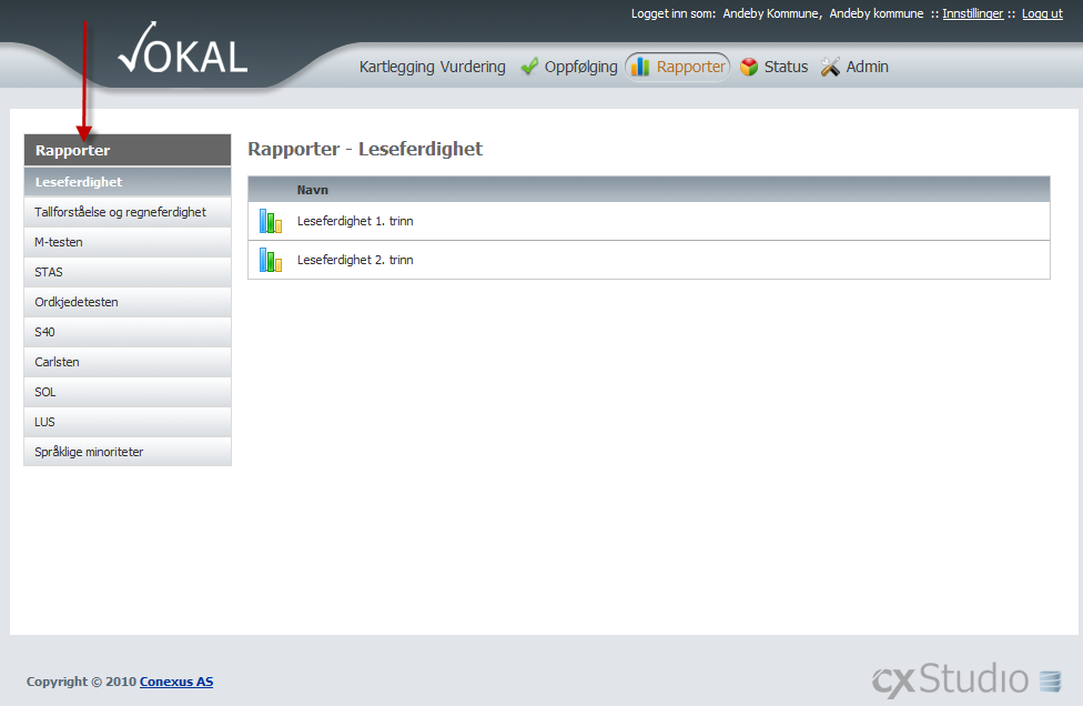 Rapporter - Skole For å ta ut rapporter for de ulike kartleggingene og vurderingene klikk på Bildet under lister de ulike kartleggingene/vurderingene som du kan få opp rapporter på.