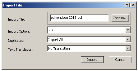 Importere referanser fra pdf-filer Denne funksjonen forutsetter at pdf-fila har DOI (digital object identifier), slik at EndNote kan få tak i metadata via nettet.