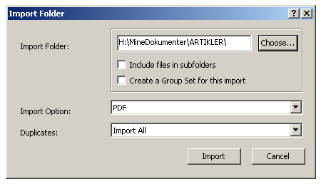 Importere mappe med pdf-filer 1. Lagre aktuelle pdf-filer i en lett tilgjengelig mappe 2. I EndNote: File > Import > Folder 3.