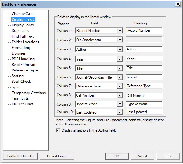 Forfatter-kolonnen: Vil du bare at første forfatter skal vises, må du fikse det via Edit > Preferences > Display Fields > hak på/av Display all authors in the Author field.