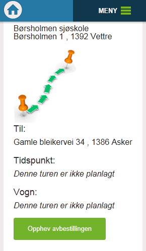 Avbestill tur Ønsker du å avbestille en tur trykker du deg inn på turen og ganske enkelt knappen Avbestill denne turen.