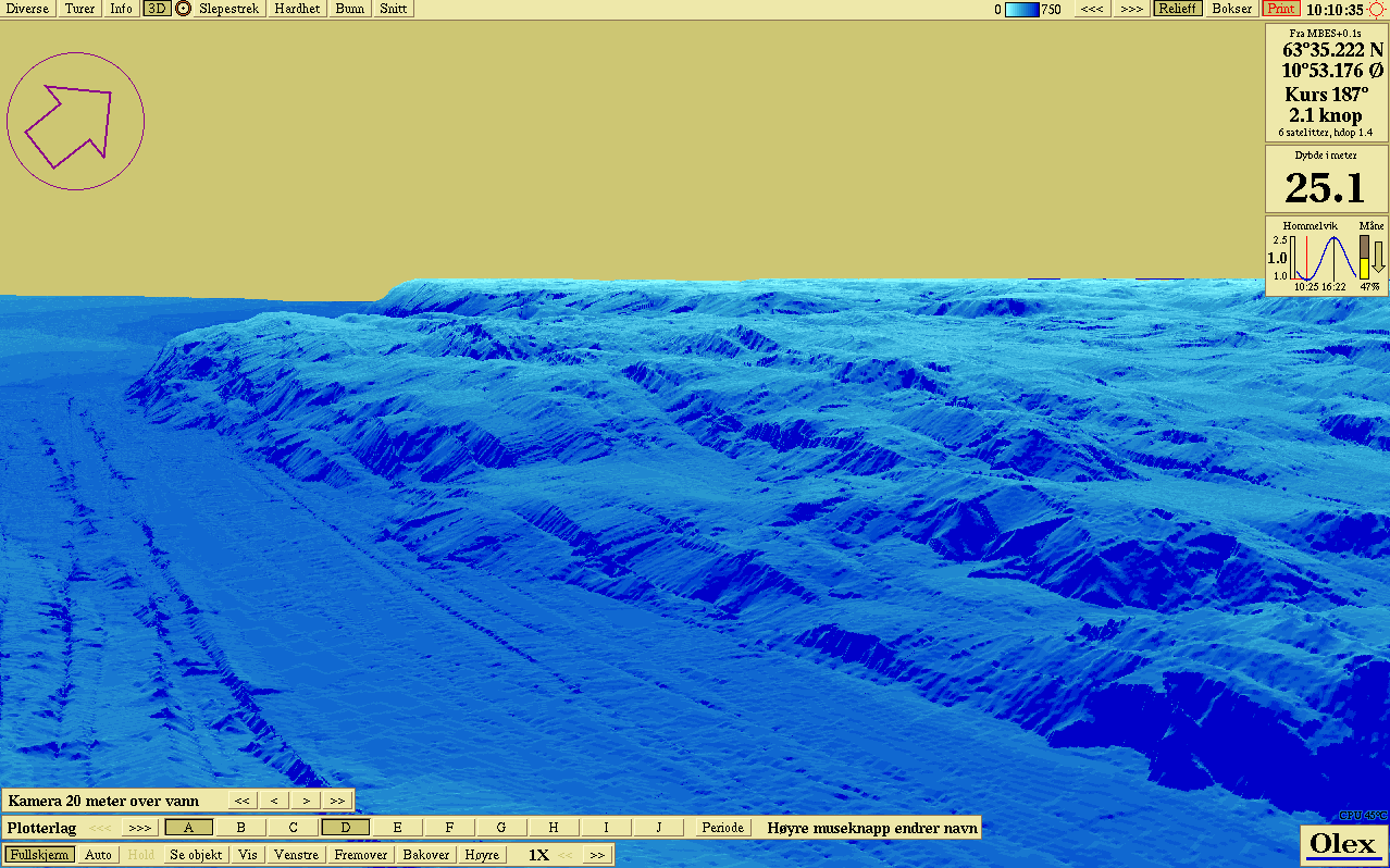 Havbunnskartlegging Kameraet kan nå flyttes rundt i skjermbildet ved å gripe tak i det, og dra det til ønsket plassering. 3D-vinduet viser hele tiden kameraets synsfelt.