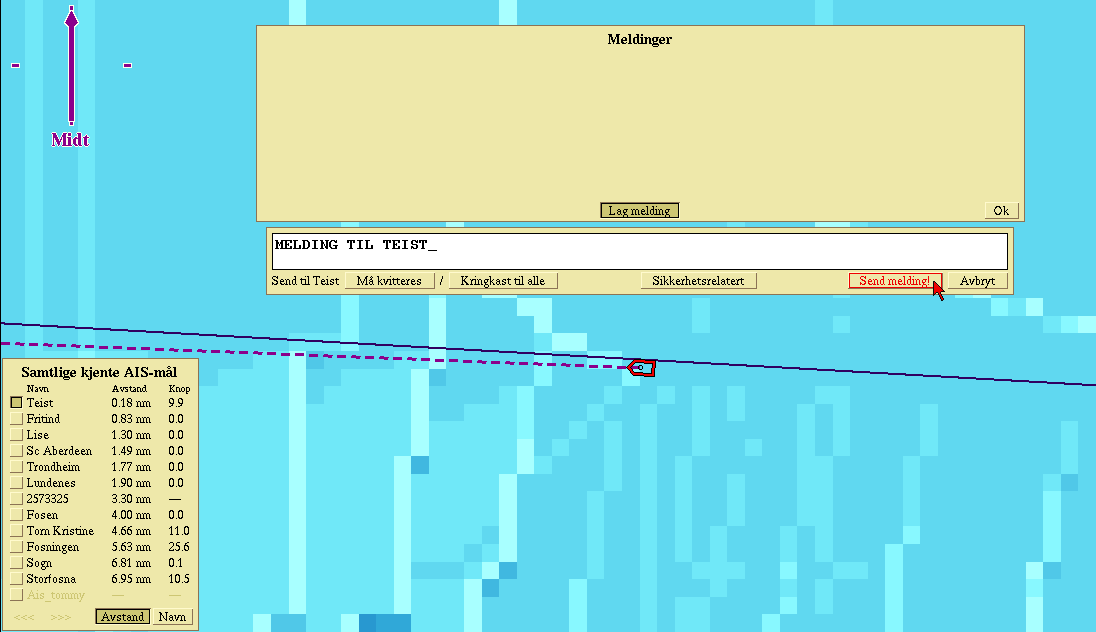 AIS - Automatisk IdentifikasjonsSystem AIS-mål, klasse B, som ikke kan identifiseres av eldre AIS-transpondere. Navnene som er strøket over, er mål som er på vei til å forsvinne ut av rekkevidde.