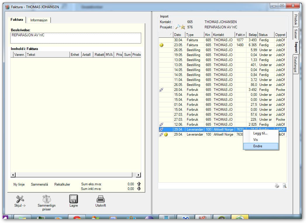 FAKTURA m.fl. Vise importdata Nyheter i JOBOFFICE JUNI 2014 FAKTURA m.fl. Vise importdata I bildene faktura, forbruk og bestilling kan du i dag importere varelinjer fra andre fakturaer, forbruk, bestillinger og leverandørfakturaer.