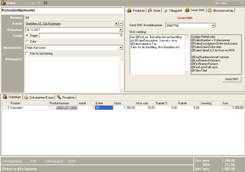 Sende SMS fra ordre/tilbud: Når du knytter en ordre til en kontaktperson hos kunden (Høyreklikk på kontaktperson og velg Ny ordre) kan du sende ordrebekreftelse på SMS.