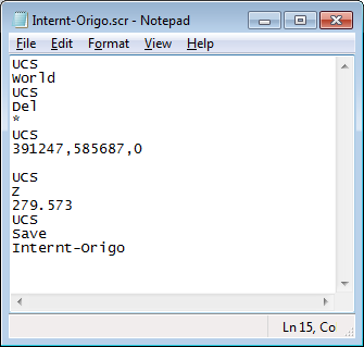Det må opprettes et UCS med denne origo og vinkel. Til dette kan du med fordel opprette en scriptfil med Notepad (se kursmappen i Utforskeren).