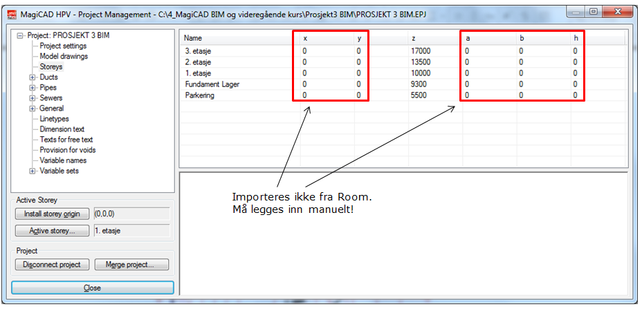 Høyreklikk i Storey-listen og velg Import Angi MagiCAD Room prosjektfilen du laget (.
