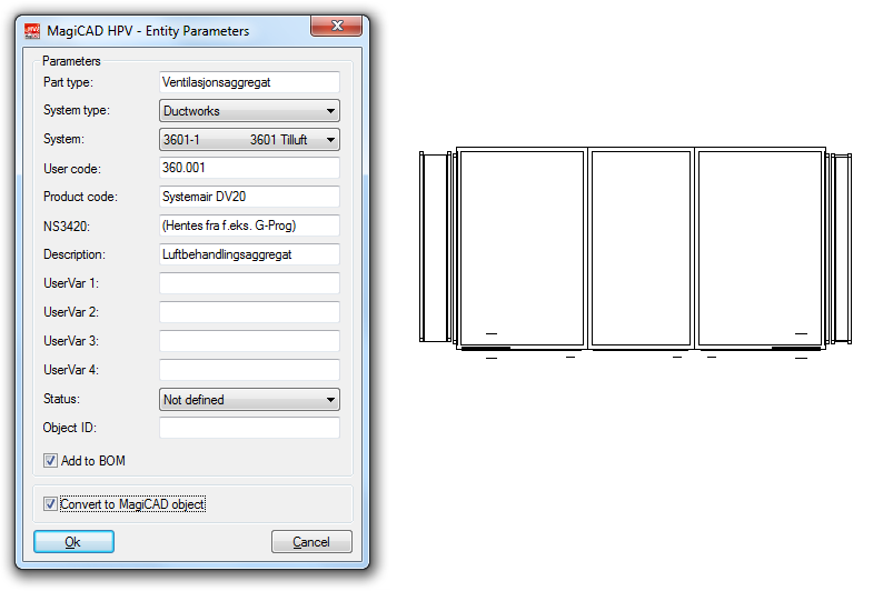 Ventilasjonsaggregater: Du kan også eksportere AutoCAD-objekter i IFC-eksporten i MagiCAD HPV, for eksempel ventilasjonsaggregater. Forutsetningen er at du tilfører disse objektene MagiCAD-data.