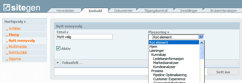 Bildet viser en struktur hvor menypunktene hjem og løsninger ligger på toppnivået. Disse vil da være synlige for alle som besøker sidene dine.