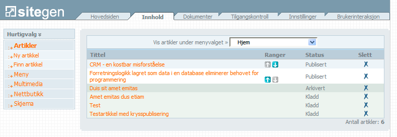 Artikkelsystemet Hovedformålet med SiteGen CMS er å publisere innhold på et nettsted.