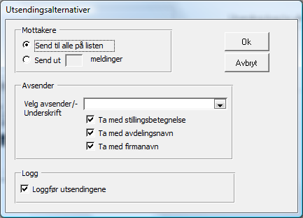 Sende E-post Når du klikker knappen Send E-post vil et nytt vindu bli lastet. I dette vinduet kan du angi hvem som skal stå som avsender, og hvordan e-posten skal signeres.