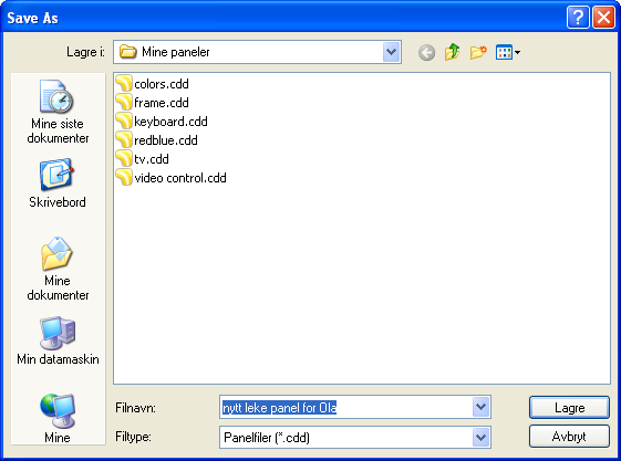182 Lage egne paneler Gi navn til det nye panelet. 6. Angi mappen der det skal lagres.