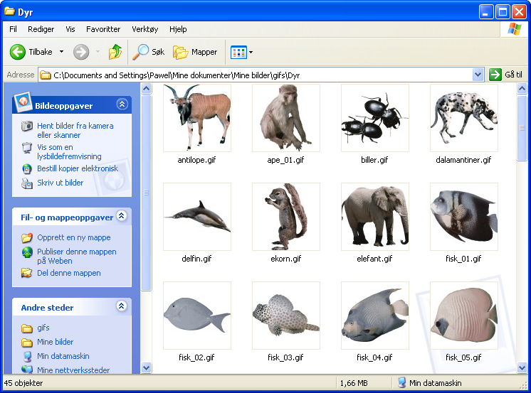 280 Lyd- og bildeverktøy Bildene vises som miniatyrbilder i Windows Utforsker. Under hvert bilde vises filnavnet. 5. Pek på filnavnet, høyreklikk, og velg Gi nytt navn på menyen.