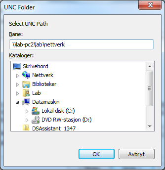 Figur 5 Velg målmappe, dette må være en UNC path.
