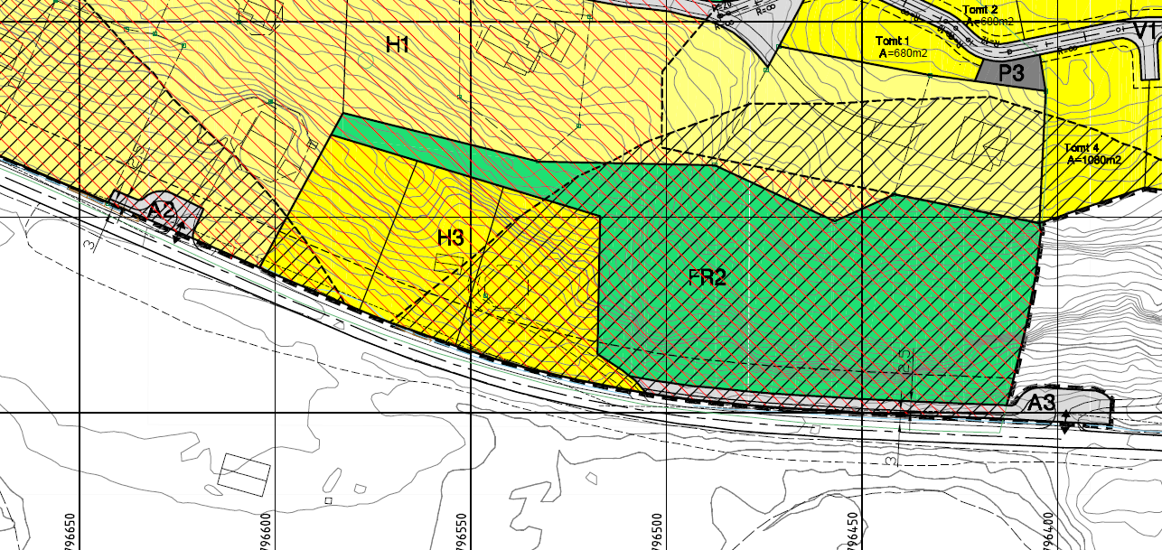 Figur 2 Alternativ avkøyring A3. Utan tilstrekkeleg avstand til fylkesveg. Vår tilråding er difor at avkøyringa vert liggande der den i utgangspunktet var plassert, ved A2.