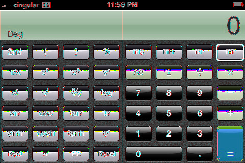 Knappene på den vitenskapelige kalkulatoren Vend ipod touch horisontalt for å vise den vitenskapelige kalkulatoren.