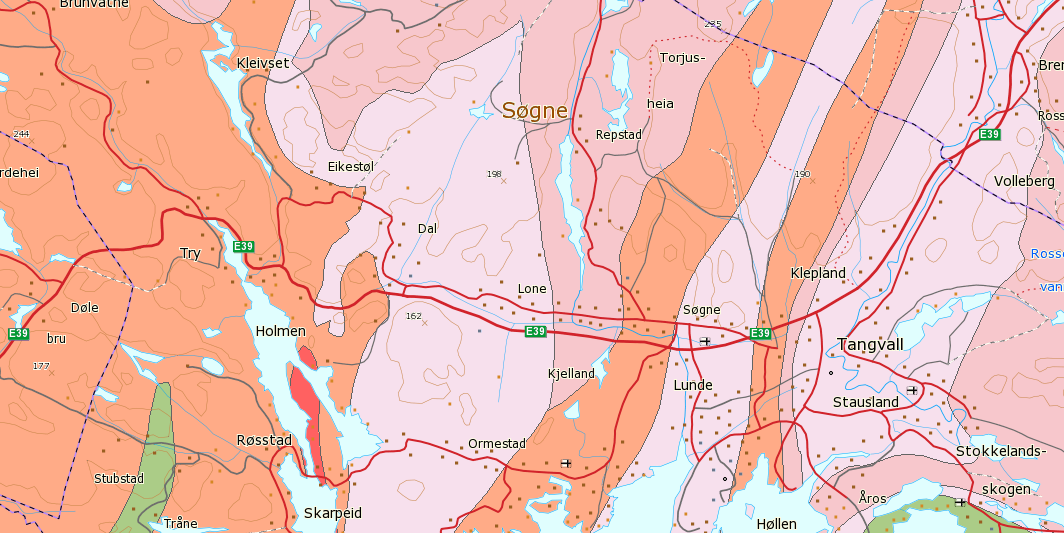 Figur 42 Geologisk kart viser at planområdet som består av ulike typer gneis.