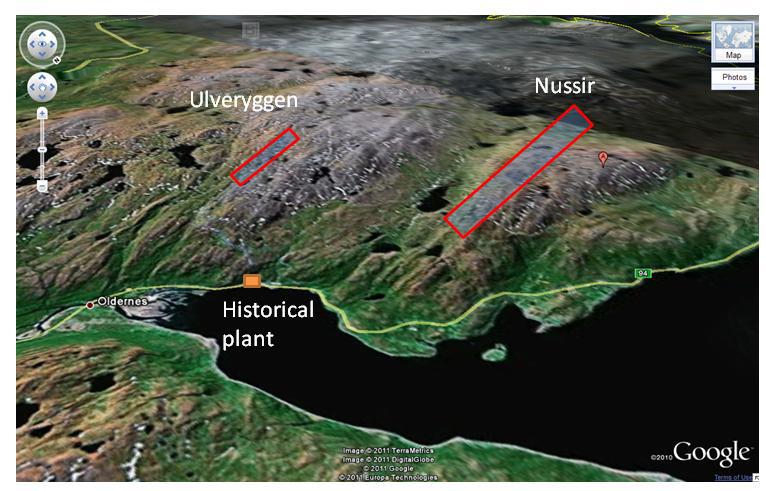 1.2.3 Lokal geologi Nussir og Ulveryggen ligger tilnærmet parallelt med hverandre, med strøkretning orientert NØ-SV, og med en innbyrdes avstand på 3,8km.