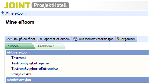 My erooms din egen side Når du logger deg på ProsjektHotell via -ikonet på oppgavelinjen, vil du komme til den siden som heter My erooms.