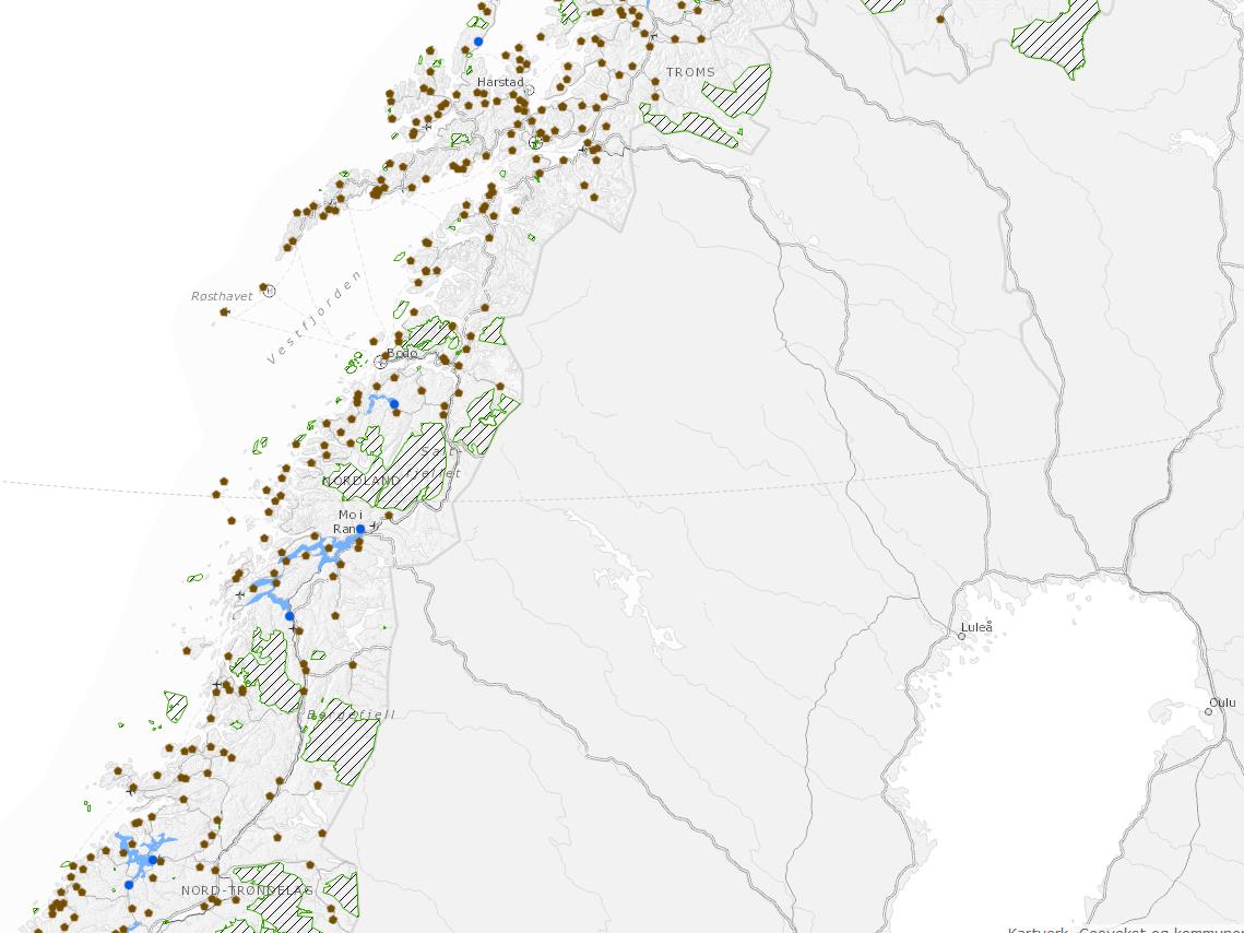 Kart 6. Områder i Nordland som inngår i register over beskyttede områder. Kilde: Miljødirektoratet. 5.3.