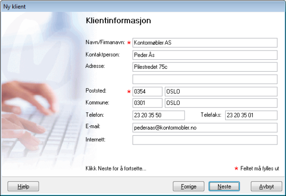 3. Klientinformasjon Her registrerer du kontaktinfor masjon for klienten.