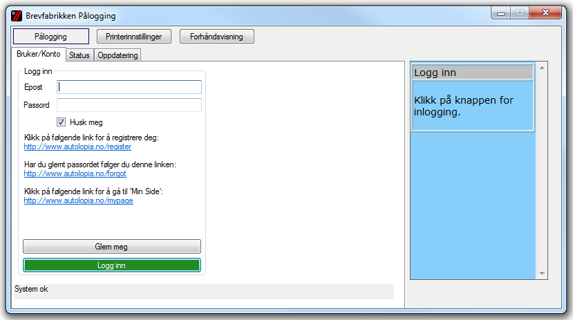 S i d e 14 4. Pålogging Under pålogging er det tre faner 1. "Bruker/Konto" for innlogging 2. "Status" oversikt over dokumenter 3.